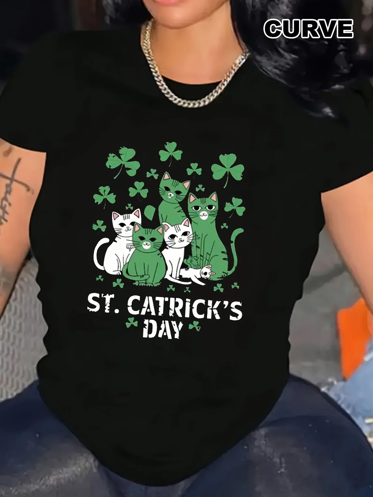 

St Patrick'S Day Cat Graphic Tee Plus Size Women'S T-Shirt Short Sleeve Crew Neck Top Casual Shirt