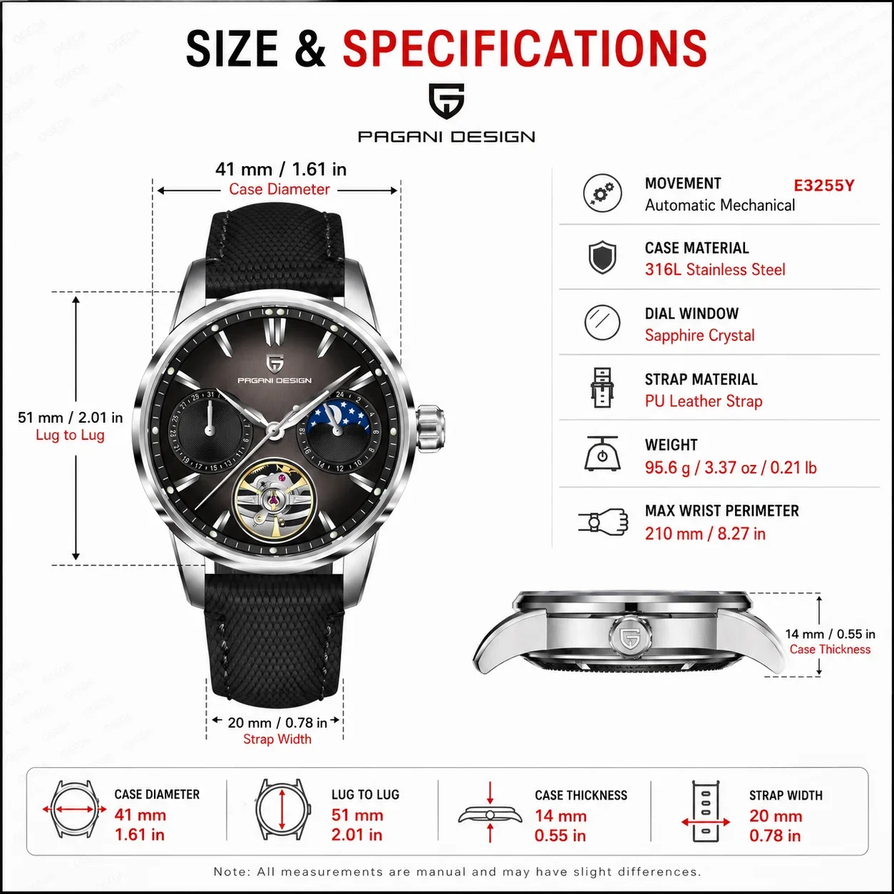 PAGANI DESIGN E3255Y Automatic Men's Watch 41mm Sapphire 316L Steel Open Heart Date PU Strap Luminous Business Watch