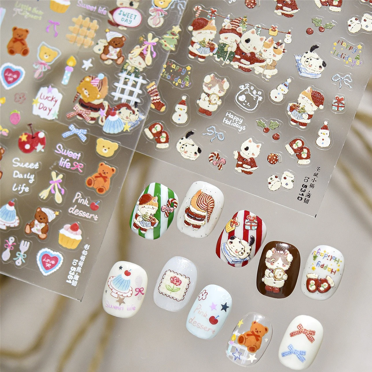 Gato dos desenhos animados urso maçã vela faca garfo meia elk bolo estrela coração bowknot boneco de neve flocos de neve natal arte do prego adesivos decalques