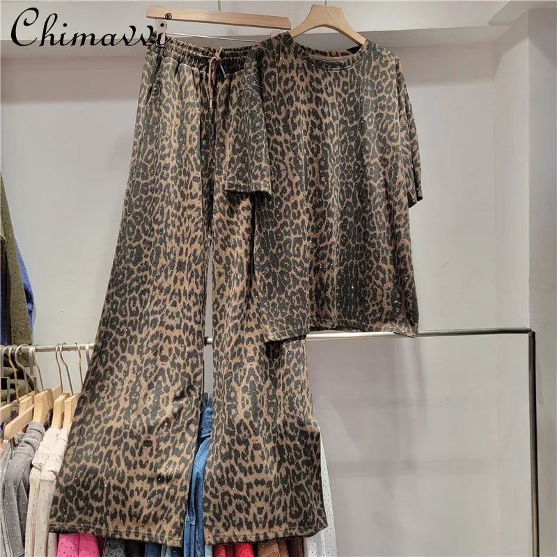 Spring Summer Personalized Fashion Casual Leopard Print Hot Diamond Half-sleeved T-shirt Top Wide-leg Pant Sets Women 2piece Set