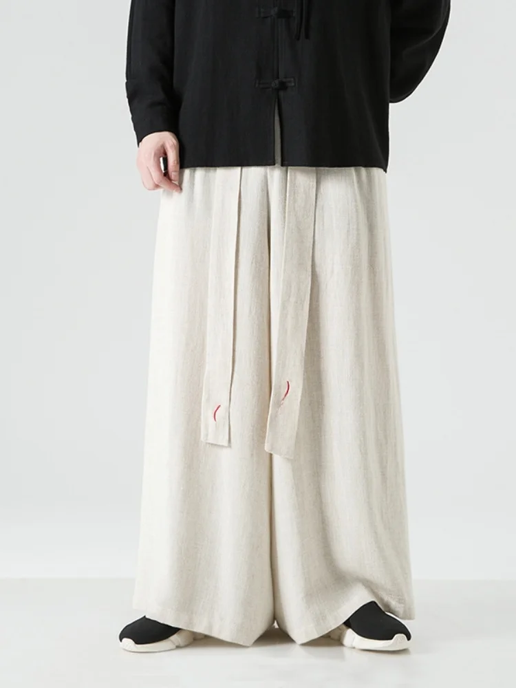 

New Chinese Sle Men's Linen Wide Leg Pants Summer Embroidered Sa Loose Cotton Linen Casual Long Trousers Breathable Strai...