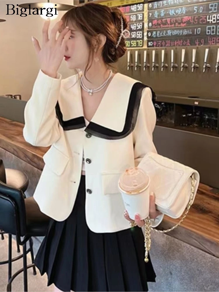 

Весеннее пальто женское, элегантное, с воротником в стиле пэчворк, модное, в корейском стиле, свободное, с длинными рукавами