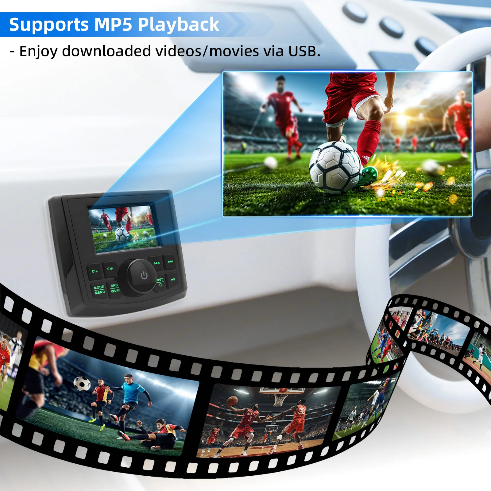 Pemutar Tampilan Video Media MP5 Radio Stereo Laut Speaker Kompatibel dengan Bluetooth untuk Pemutar Tahan Air Boat Yacht ATV UTV SUV