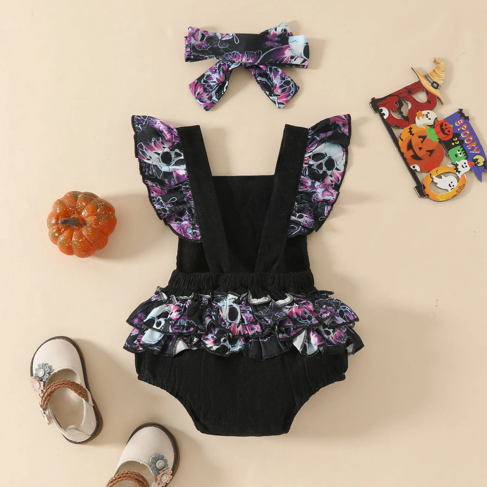 Macacão sem costas com manga voadora para bebês meninas, bodysuits de desenhos animados, estampa de crânio e borboleta, headbands de Halloween, conjunto recém-nascido