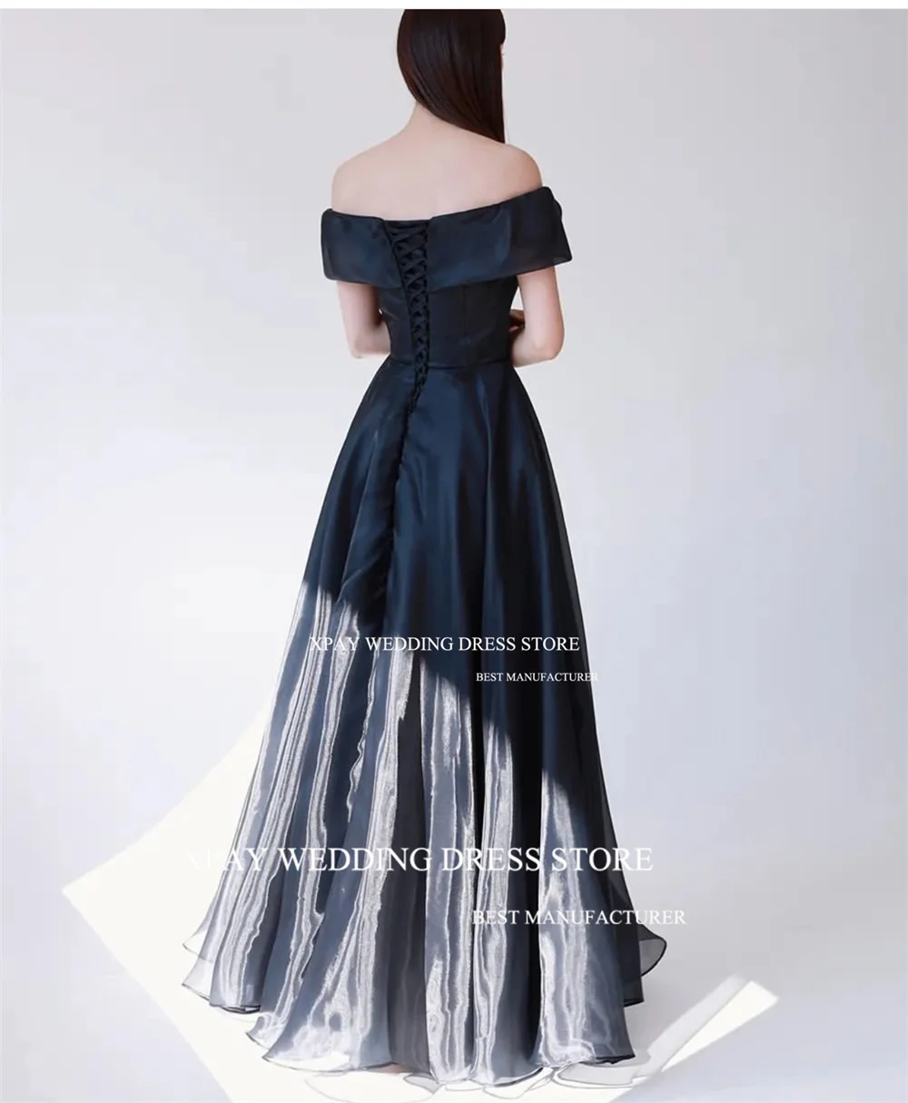 XPAY Off Shoulder Black Organza Korea Evening Dresses Shiny  Short Sleeve Drap Wedding Photo Shoot Customised Corset Bride Gown