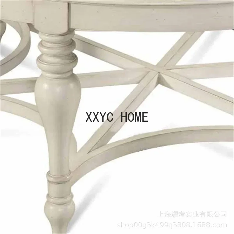 Solid Wood Coffee Table Living Room Ivory White Vintage Tea Table round Glass Surface Coffee Table