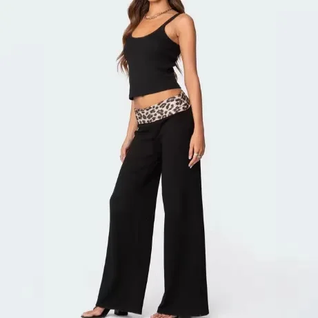 Women's spring and summer leopard print stitching micro-flared high-waisted casual trousers