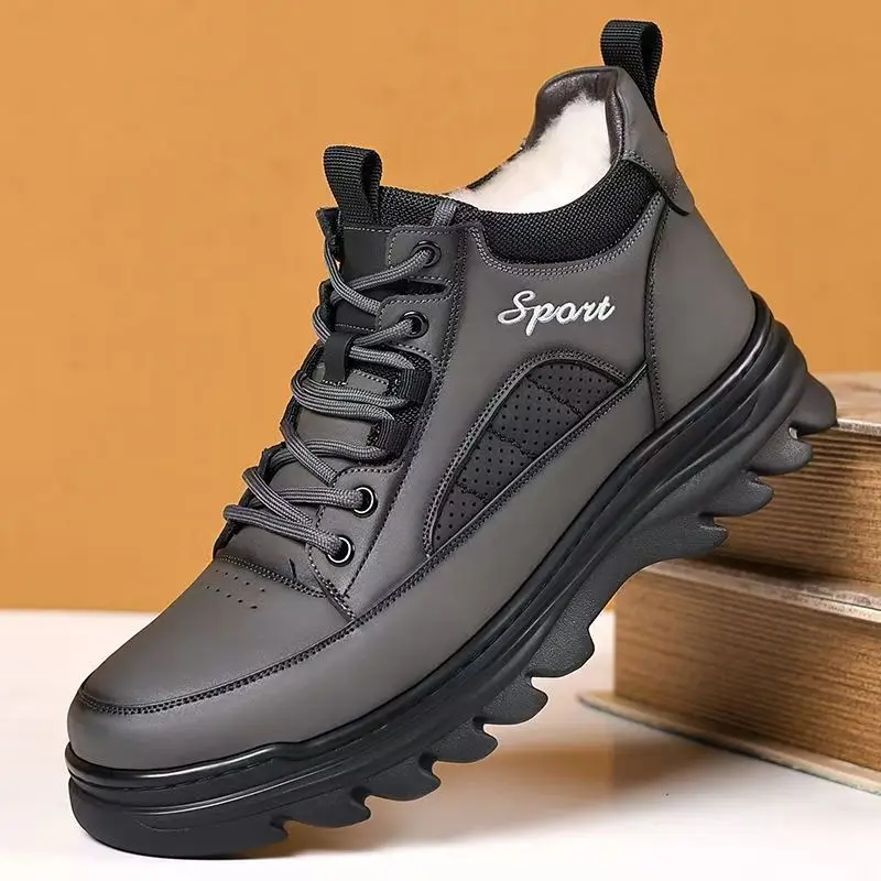 

Men's Winter Genuine Leather High Top Snow Boots Thick Sole Non Slip Waterproof Wool Thickened Warm Casual Shoes Cotton Shoes