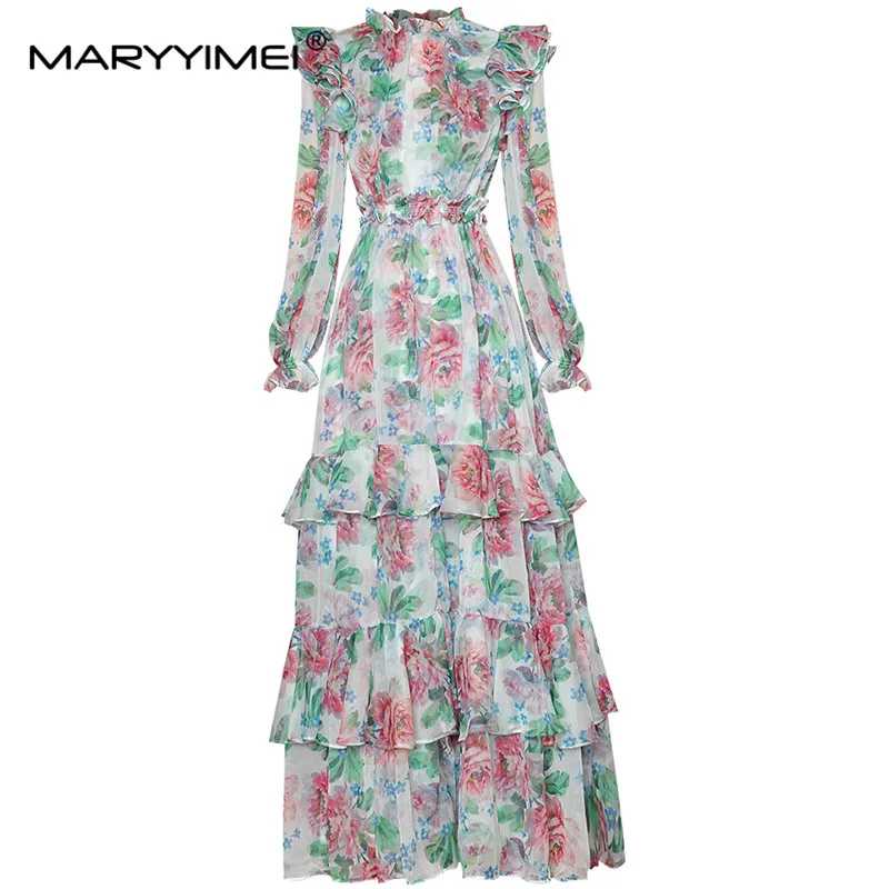 MARYYIMEI Bohemia Vacation Long Floral Dress Fashion Women's Summer Lantern Long Sleeve Ruffle Hem Boho A Line Chiffon Dress