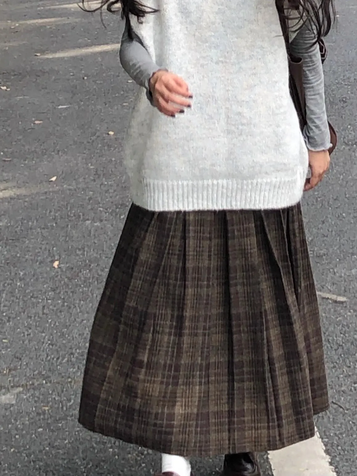 High Waist A-Line  Skirt Women's Woolen Plaid Midi Skirt Autumn Winter Slimming Korean Style Polyester Fiber Skirt