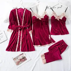 Velour Woman Pajamas Set Home Wear Strap Top Pants Sleepwear Suit Nightgown Sexy Lace Kimono Sleep Robe Bath Gown Nightdress