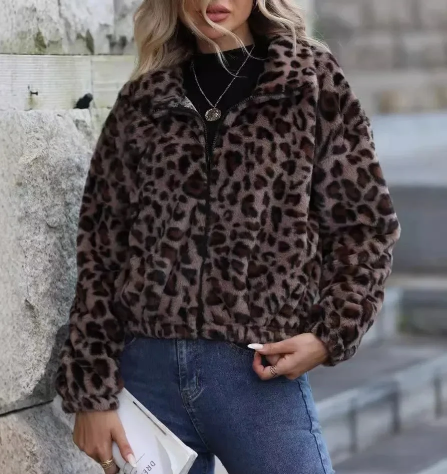 

Fleece Autumn Winter New Loose Zipper Long Sleeve Leopard Print Plush Jacket Women's Coat Casual Outerwear