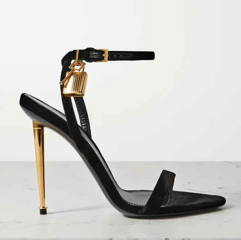 2024 Luxury Fashion Gold Lock Strappy High Heel Sandals Celebrity Shoes Simple Strap Evening Sandal Women Sandalias Femininas 44