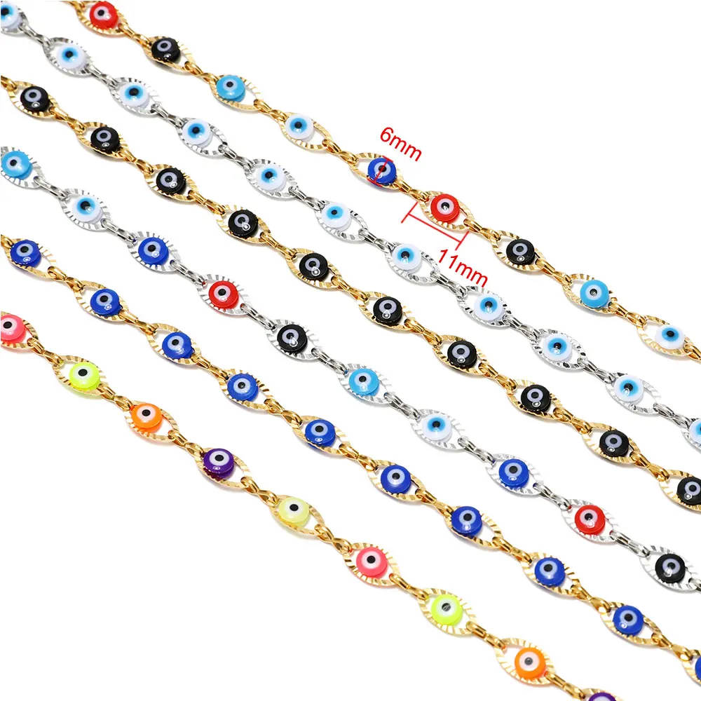 1 Meter Stainless Steel Turkey Eye Charm Link Chains Colorful Eye Beaded Chain for Necklace Bracelet Jewelry Making Components