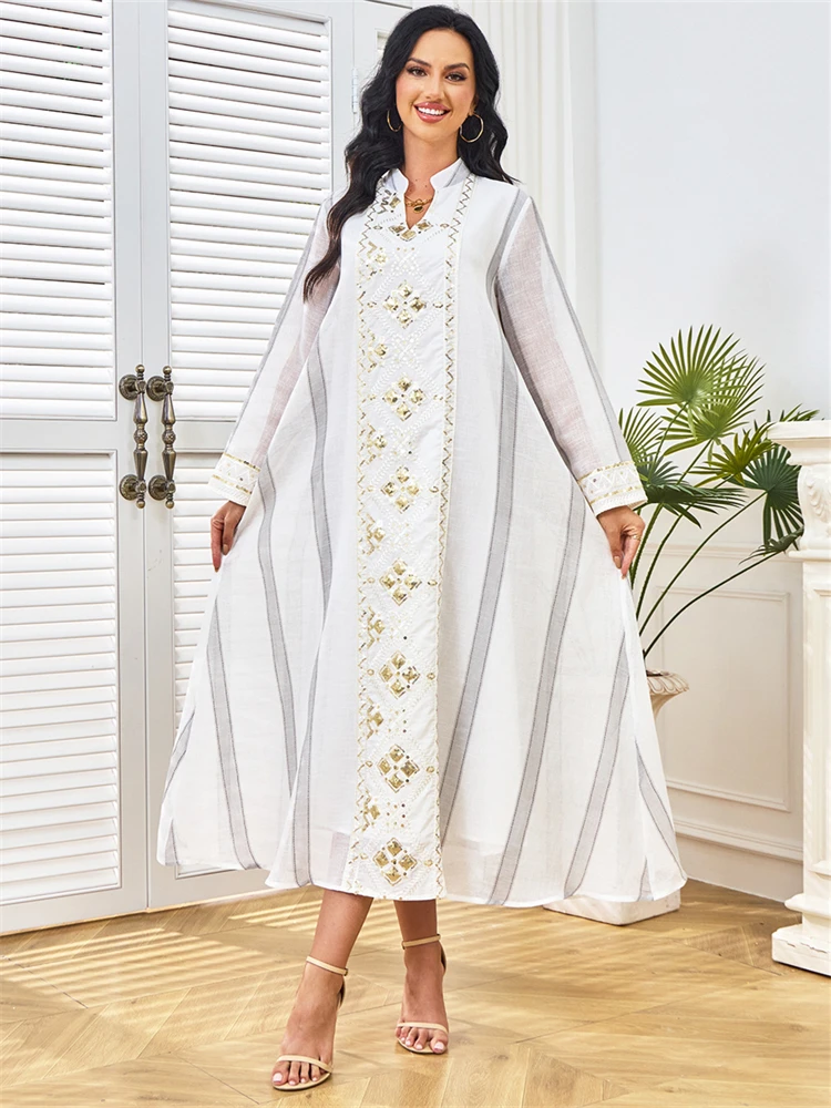 

Morocco Kaftan Women Sequins Dress Arabic Long Robe Eid Muslim Modest Abaya Party Dress