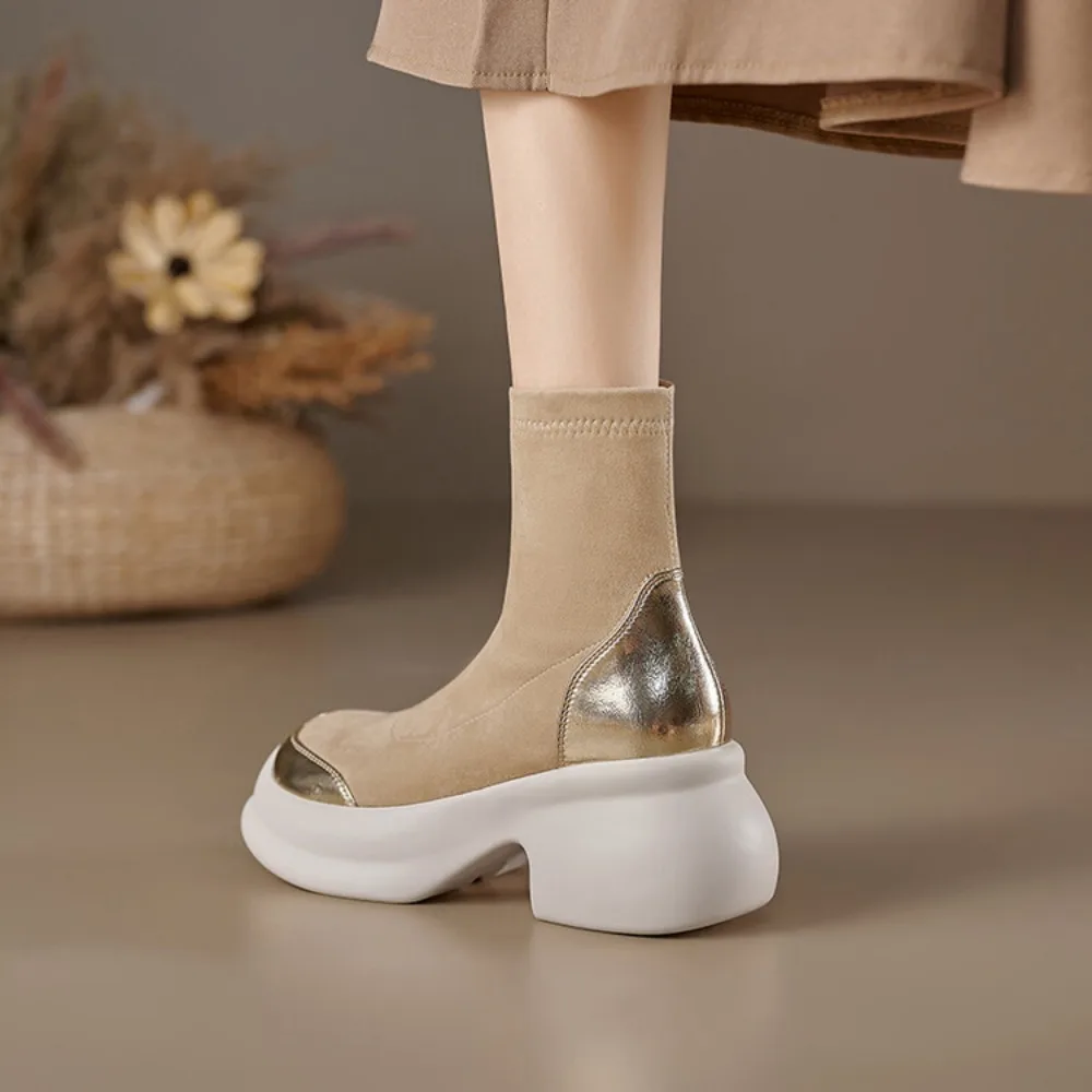 INS Suede Round Toe Thick Soled Wedges Ankle Boots Stretch Women Warm Shoes Winter Slip On Platform High Heels Short Boots image 6