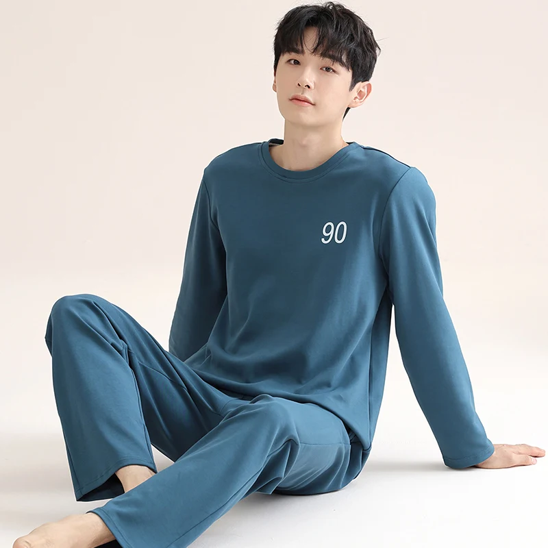 

Large men's pajamas autumn thin Modal cotton long sleeved pullover round neck winter casual simple men's home clothing set