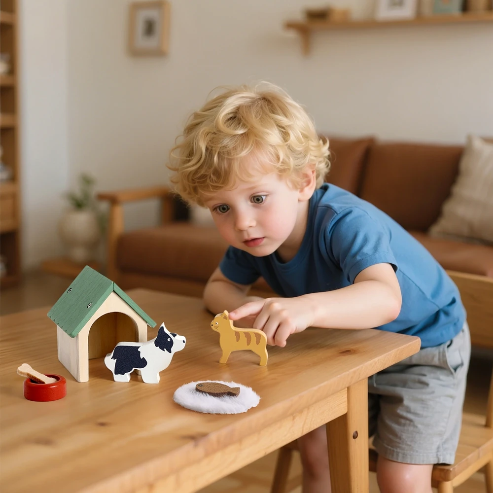Blocs de construction d'animaux de dessin animé en bois, jouets pour enfants, ensemble de scène d'animaux de compagnie simulés, jouets d'imagination interactifs pour bébés, articles décoratifs en bois