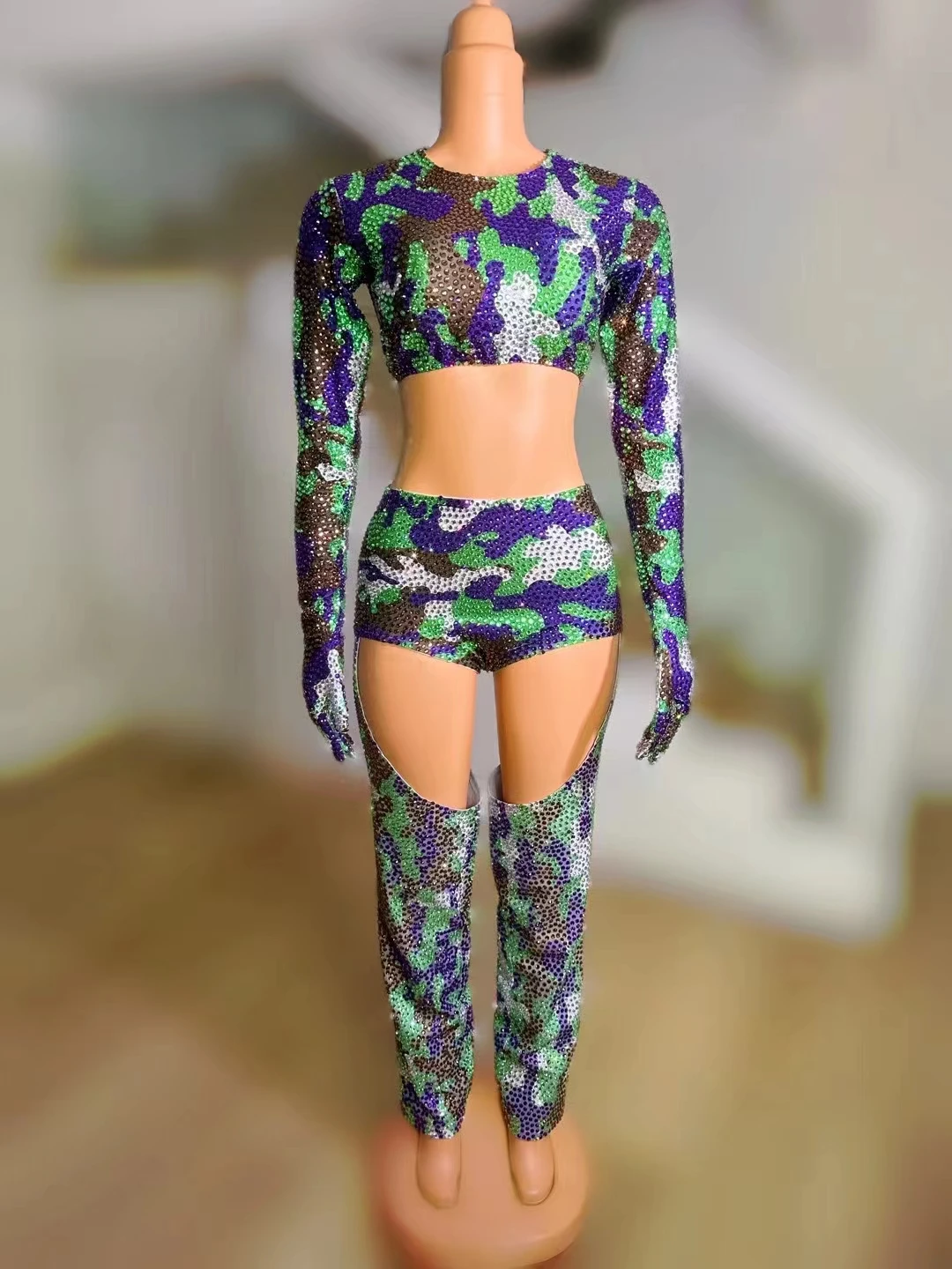 

Camouflage Rhinestones Holow JumpsuitWomen Sexy Gogo Dancer Costume Party PoleDance Outfit Stage Performance Wear A608