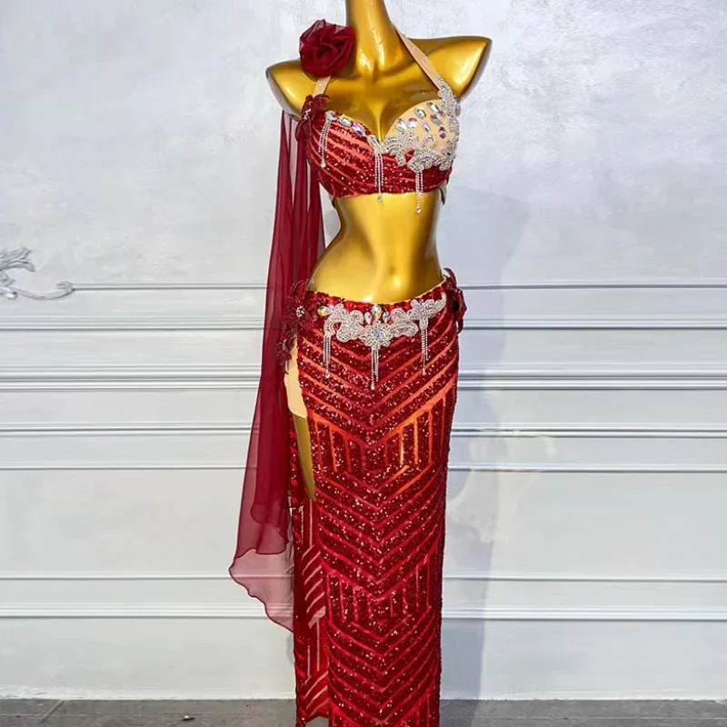 Oriental การแข่งขันเต้นรําเสื้อผ้า Belly Dance ชุดเพชร-Studded สลิง Bra แยก Big Swing กระโปรงประสิทธิภาพเสื้อผ้าชุด