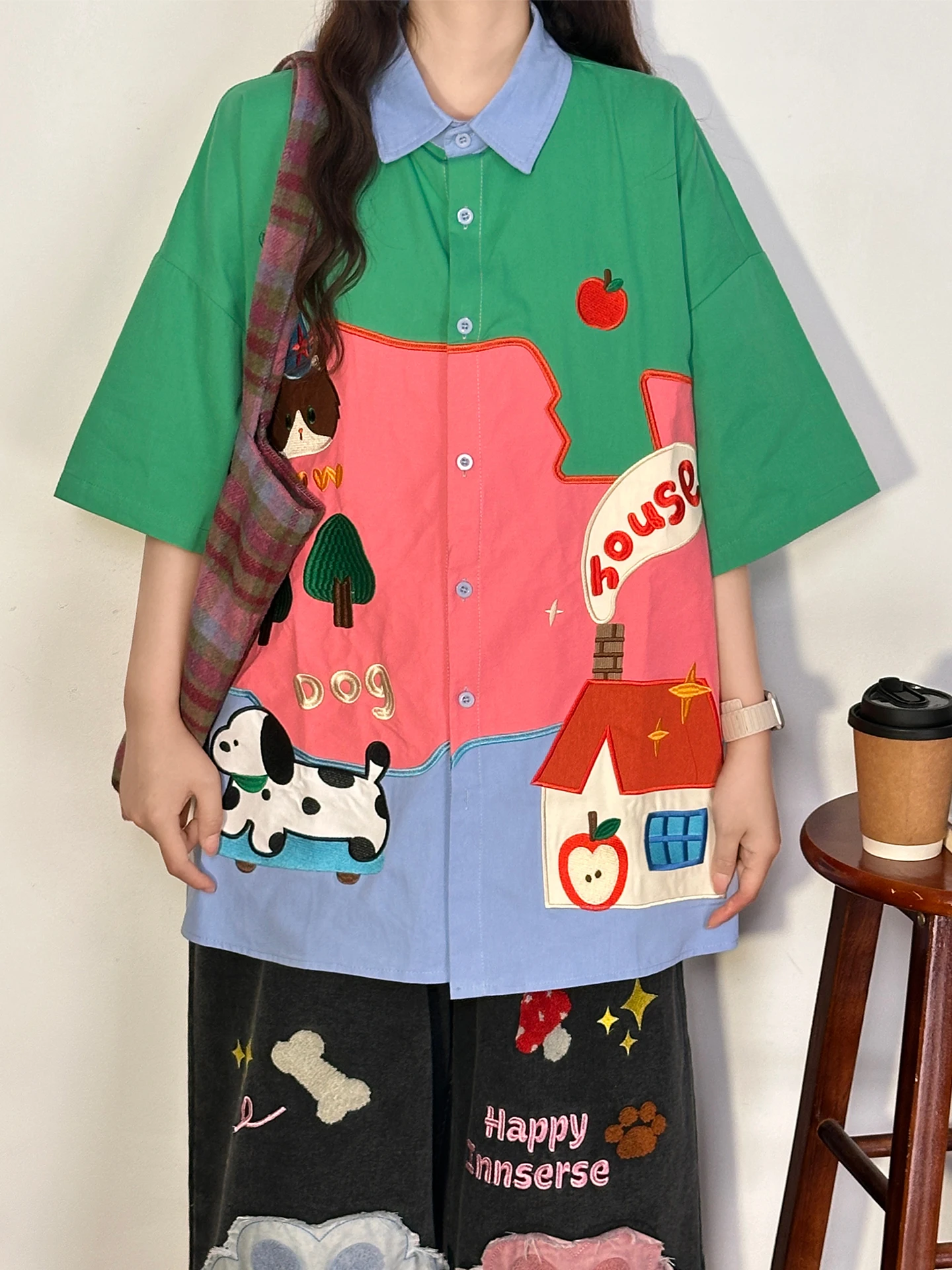 SOLDOUT Original Japanese Cartoon Patchwork Color Block Embroidery Short Sleeve Loose Women's Summer Shirt Street Style Cotto...