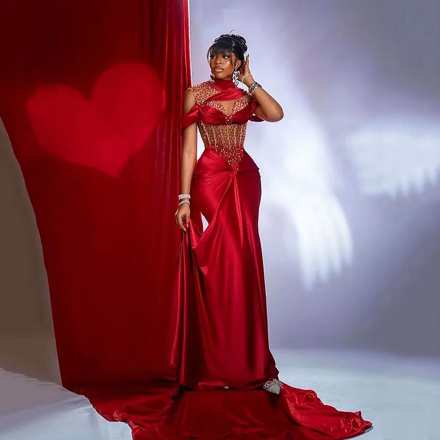 African Red Prom Dresses For Black Women High Neck Evening Dresses Plus size Vestidos Para Mujer Velvet Party Dresses Mermaid