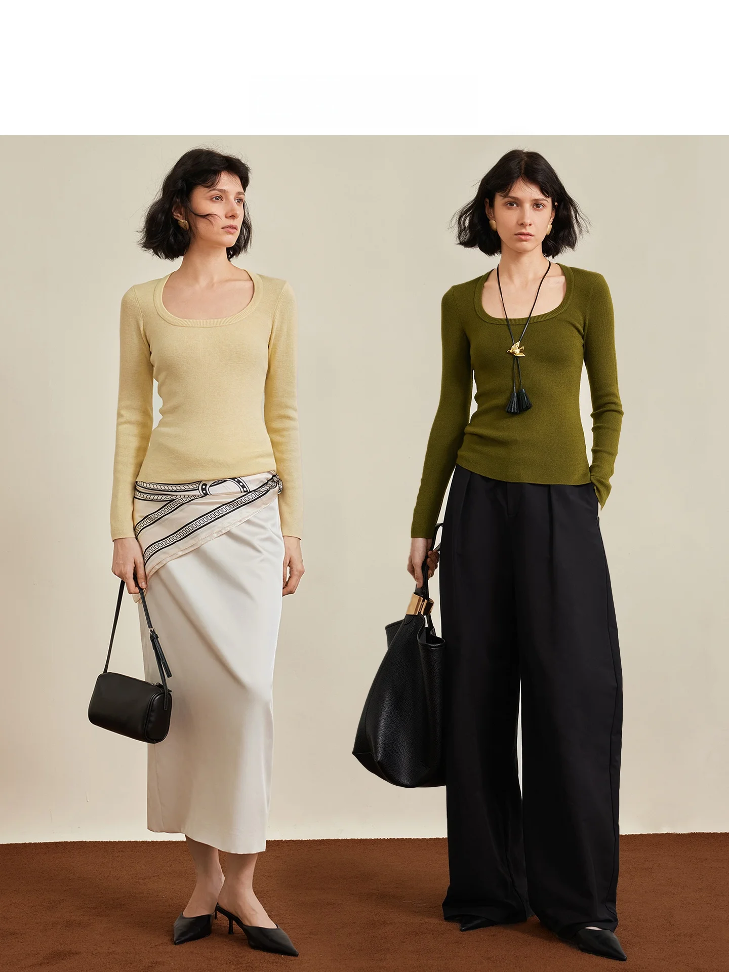 

AEL Original Women's Light Yellow Wool U-Ne Knitwear Long Sve Slim Fit Autumn Winter New Sle Base irt Commute Sle