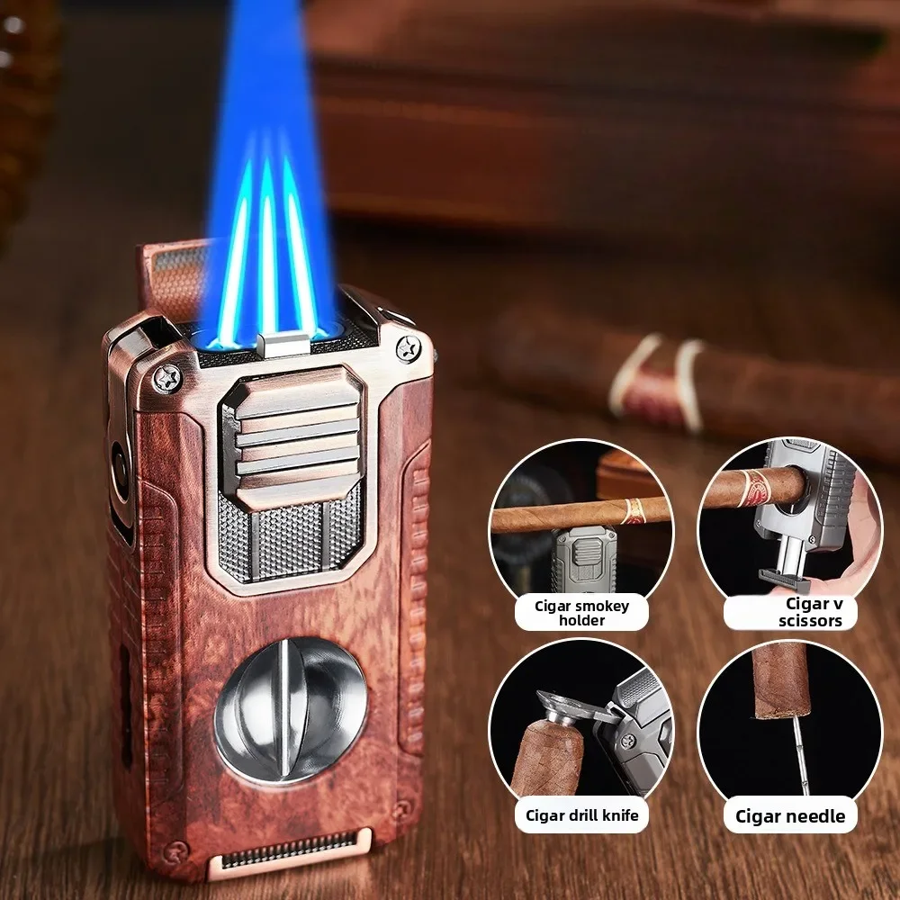 Creative Five-in-one Three-fire Direct Cigar Lighter, with V-shaped Cigar Cutters, Portable Multi-function Lighter