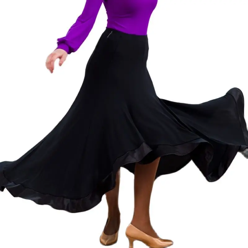 

Satin Edge Black Ballroom Dance Skirt For Women Flamenco Skirt Flamenco Spanish Dance Costume Waltz Skirts Dance Wear Long Skirt