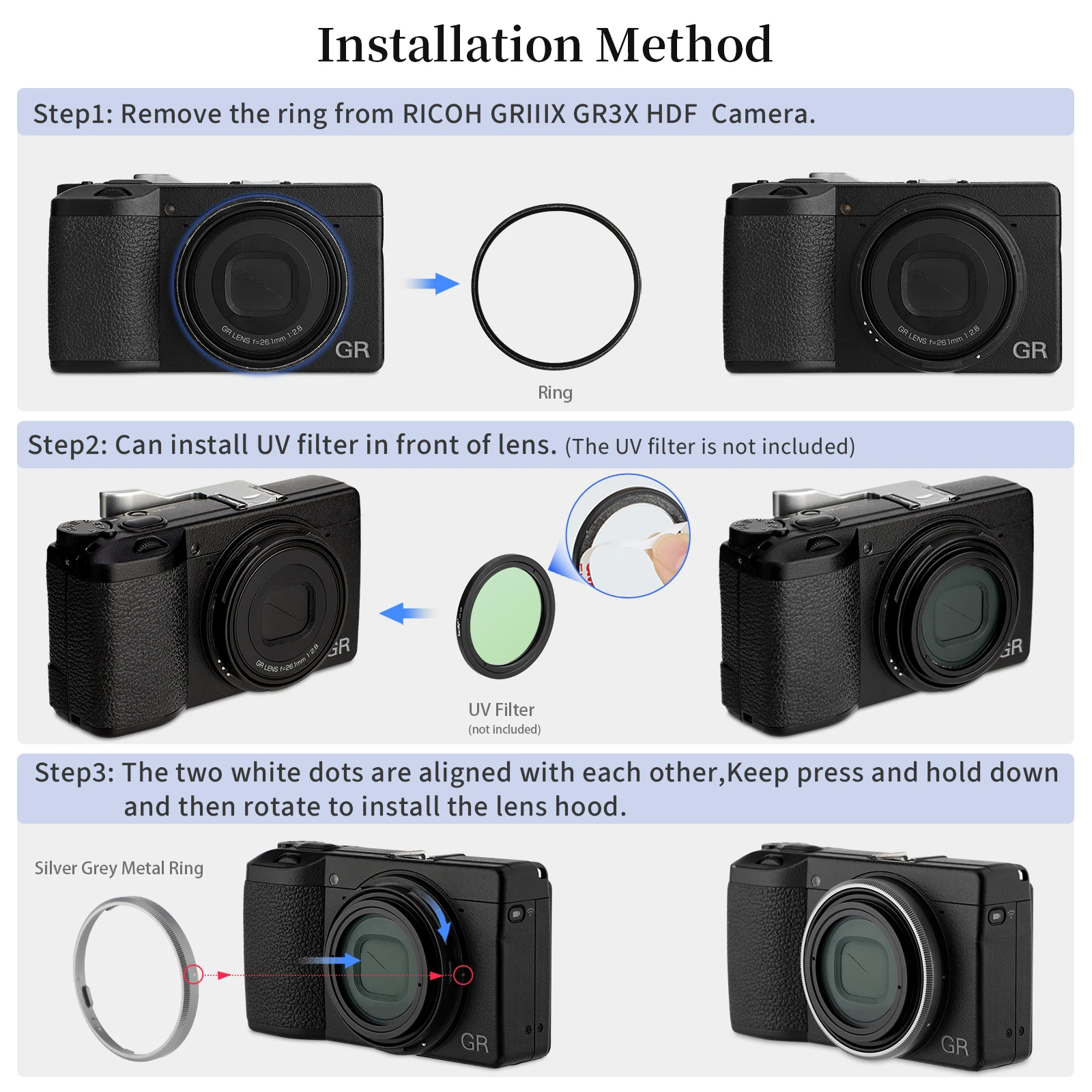 Haoge RRC-GR3XT الفضة رمادي معدن تزيين حلقة لريكو GR3X/GRIIIX ملحقات الكاميرا يحل محل GN-2