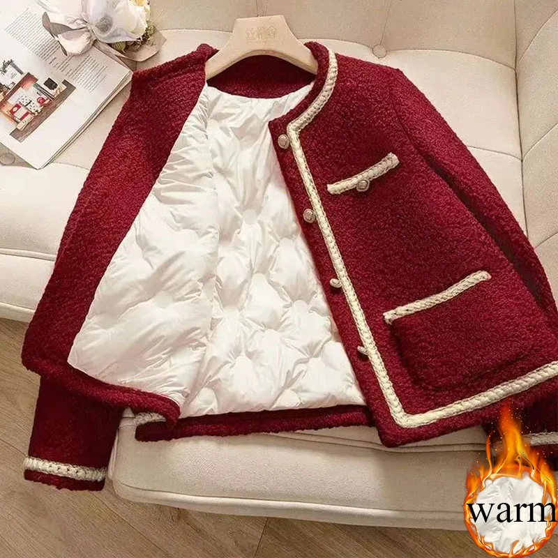 Winter Warm Tweed O-neck Loose Jackets Women Casual Single Breasted Down Cotton Abrigos Korean Fashion Long Sleeve Manteau New