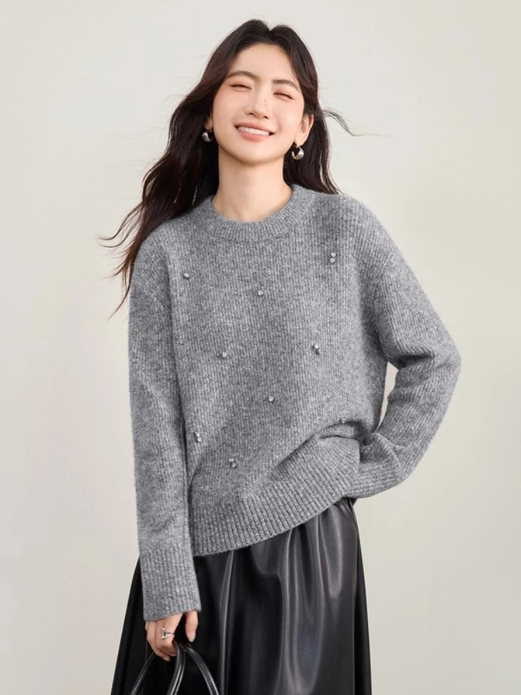 Sweter damski SENTUBILA z wełny, pulower, jesień 2025, do pracy, ręcznie robiony, z dżetami, okrągły dekolt, luźny, lekki, dzianinowy top W53EE3375