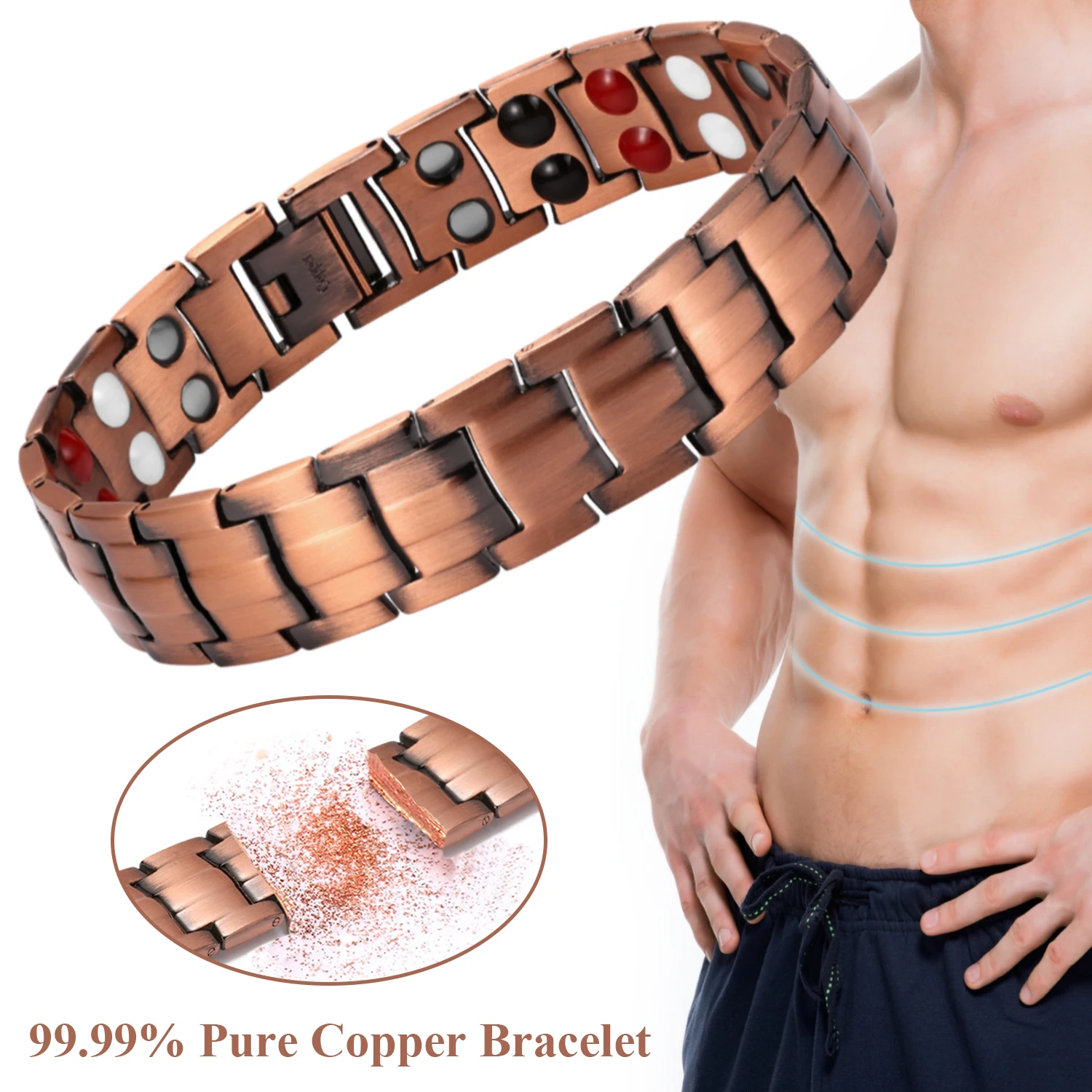 

Classics 99.99% Pure Copper Bracelet Magnetic Therapy Bangle Men Double Row Energy Element Germanium Arthritis Pain Jewelry