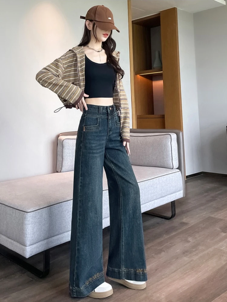 Pantaloni a gamba larga larghi ricamati e velluto a vita alta autunno/inverno da donna 2025 Pantaloni casual versatili alla moda