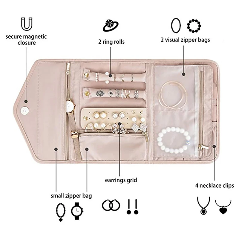 S/l 휴대용 롤 접이식 쥬얼리 케이스, 여행 정리함, 귀걸이 반지, 다이아몬드 목걸이 브로치, 보관 가방