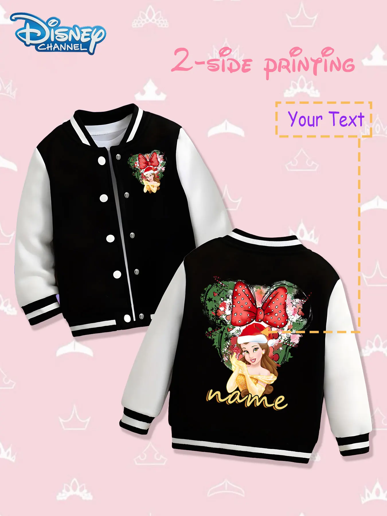 

MINISO Disney Belle Christmas Girls Baseball Jacket - Double-sided Christmas theme print, warm and festive in autumn and winter,