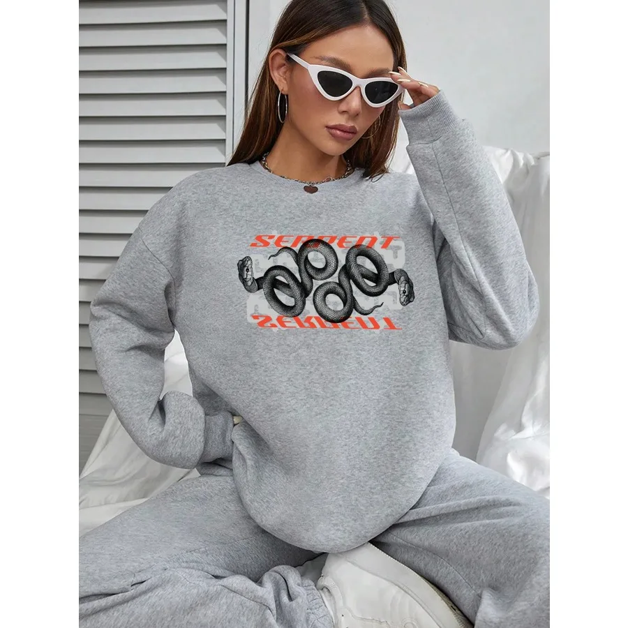 Frauen Basic Casual Pullover Langarm Herbst Frühling Zwei Schlangen Gedruckt Rundhals