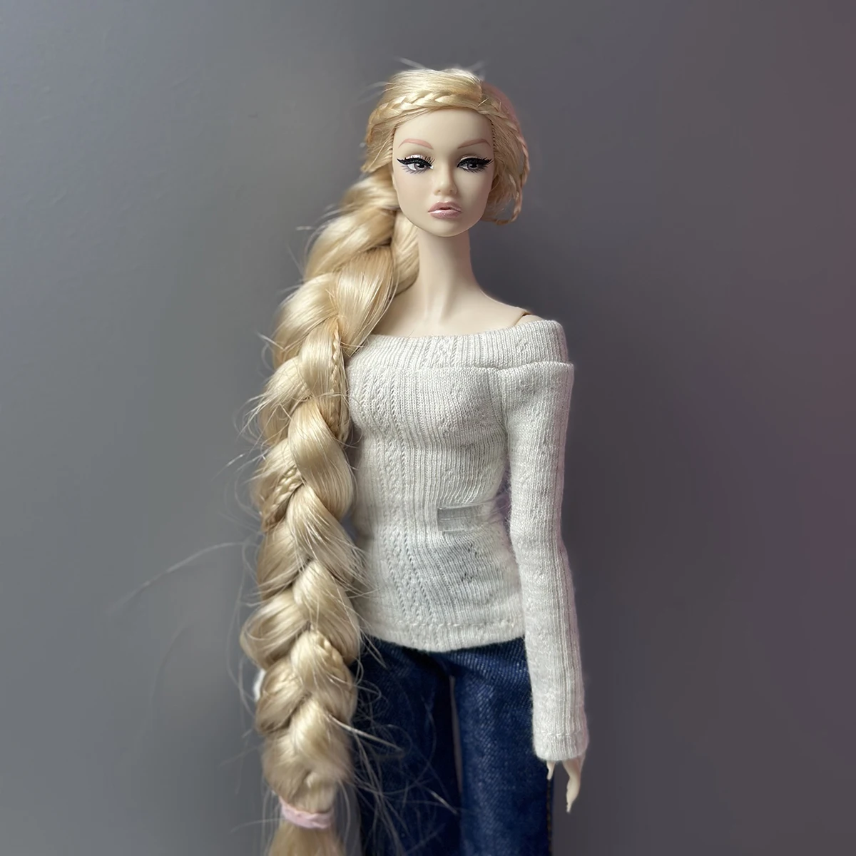 1/6 Doll Clothes Parts Fashion White Off-the-shoulder Top+Flared Denim Trousers+Shoes Set For 30cm 1/6 FR Babi Supermodel Doll