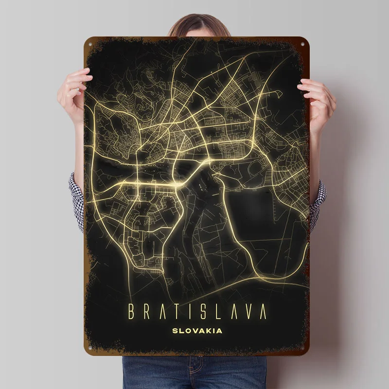 Bratislava Slovakia - Glowing City Map Art Poster Customized Wall Art Vintage Metal Signs Retro Tin Plaque for Man Cave Decor