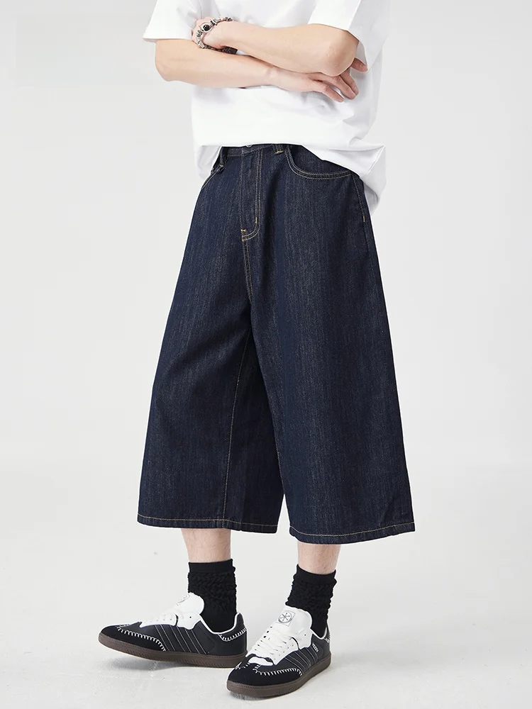 

JFU Summer New American Retro Wide Leg Men's Jeans Loose Straight Casual Seven-Foot Cotton Polyester Blend Denim orts