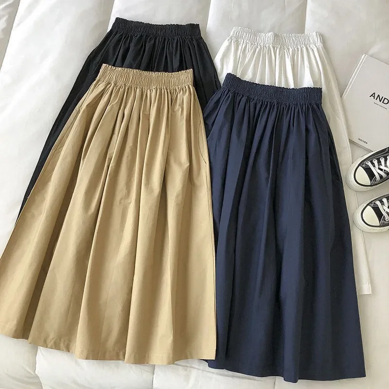 

Women Black Skirt Midi High Waist Korean Style Pleated A Line Vintage Clothing New Summer Casual Fashion Ladies Work Wear A201