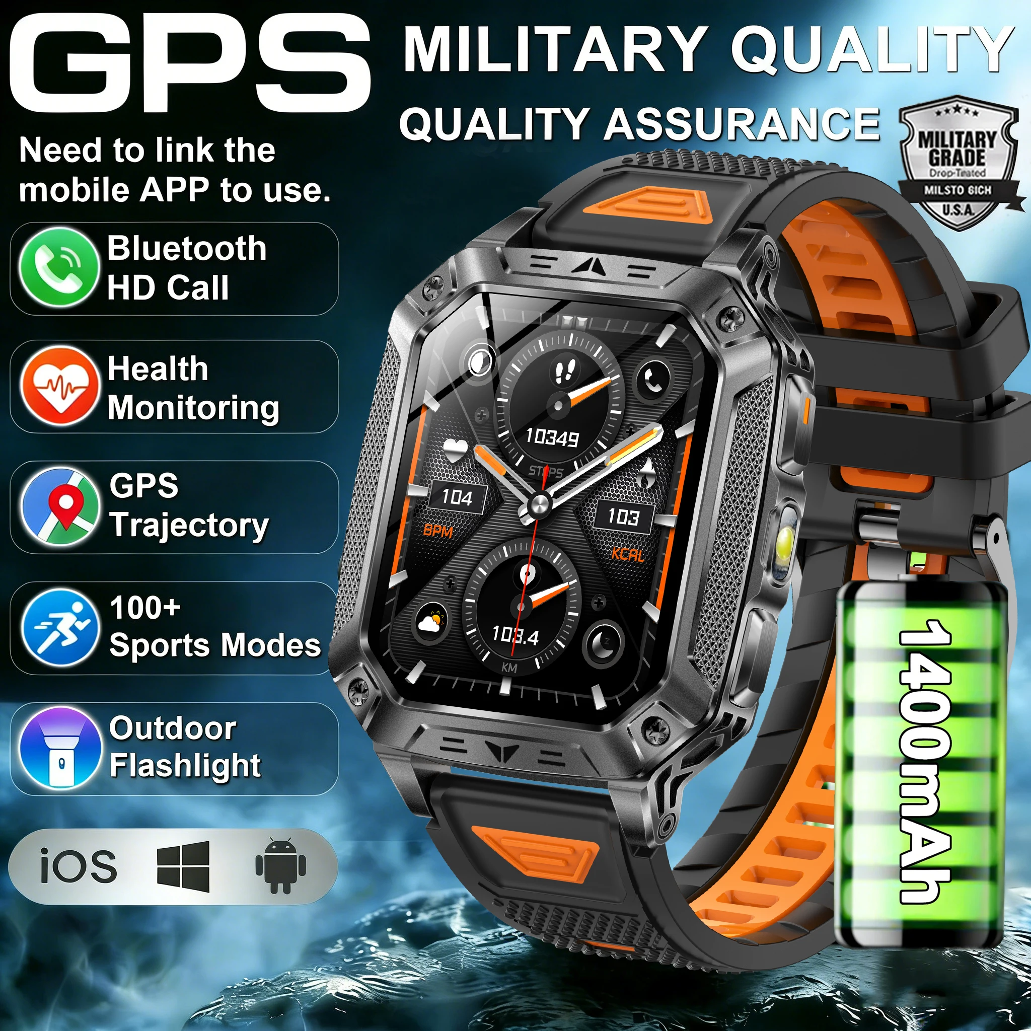 

Смарт-часы для мужчин 2026 года, военные, для активного отдыха, с AMOLED-экраном 2,01 дюйма, аккумулятором 1400 мАч, фонариком, функцией звонков, водонепроницаемые, умный браслет