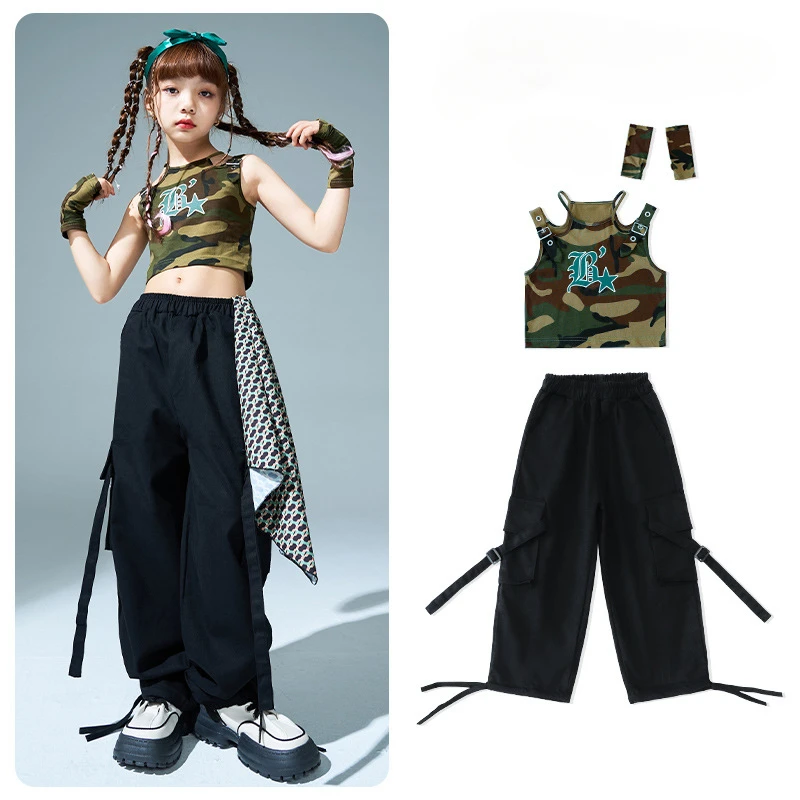 Girls Kpop Outfits Modern Dance Clothes Summer Crop Tops Black Pants Hip Hop Dance Costume Kids Concert Walk Show Stage Wear