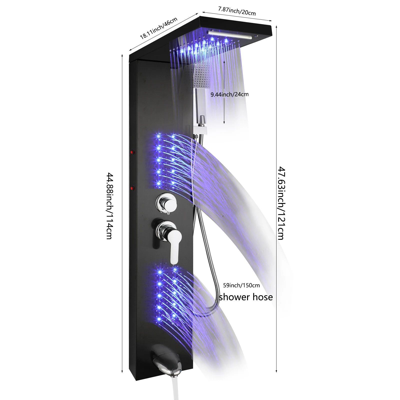 KEMAIDI Stainless Steel Shower Panel Tower System LED Shower Head 5-Function Faucet Rain Massage System with Body Jets Shower