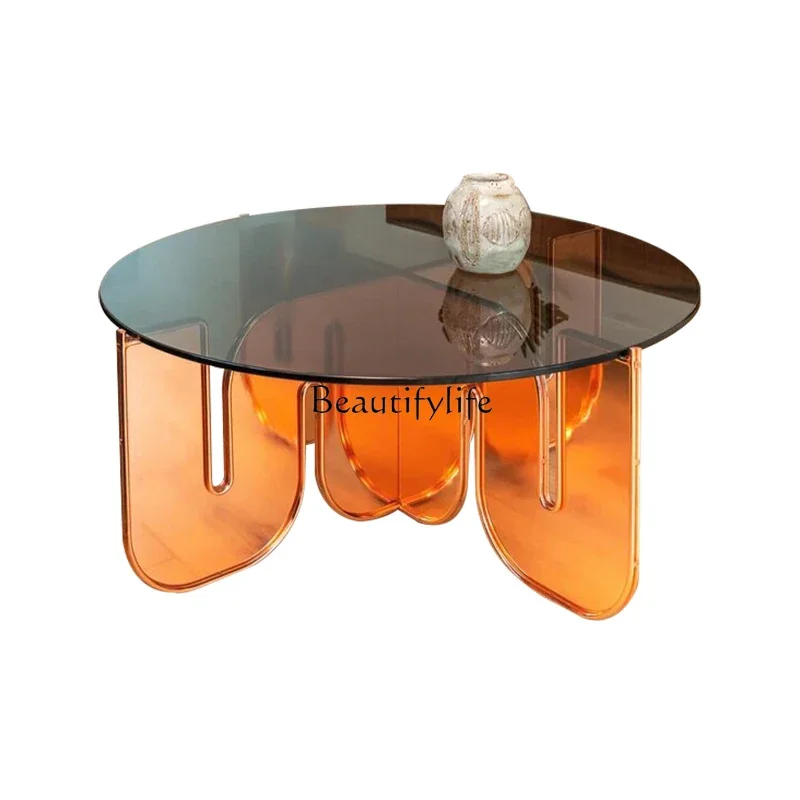

FG52Acrylic Tea Table Tempered Glass Small Apartment High-Grade round Color Tea Table