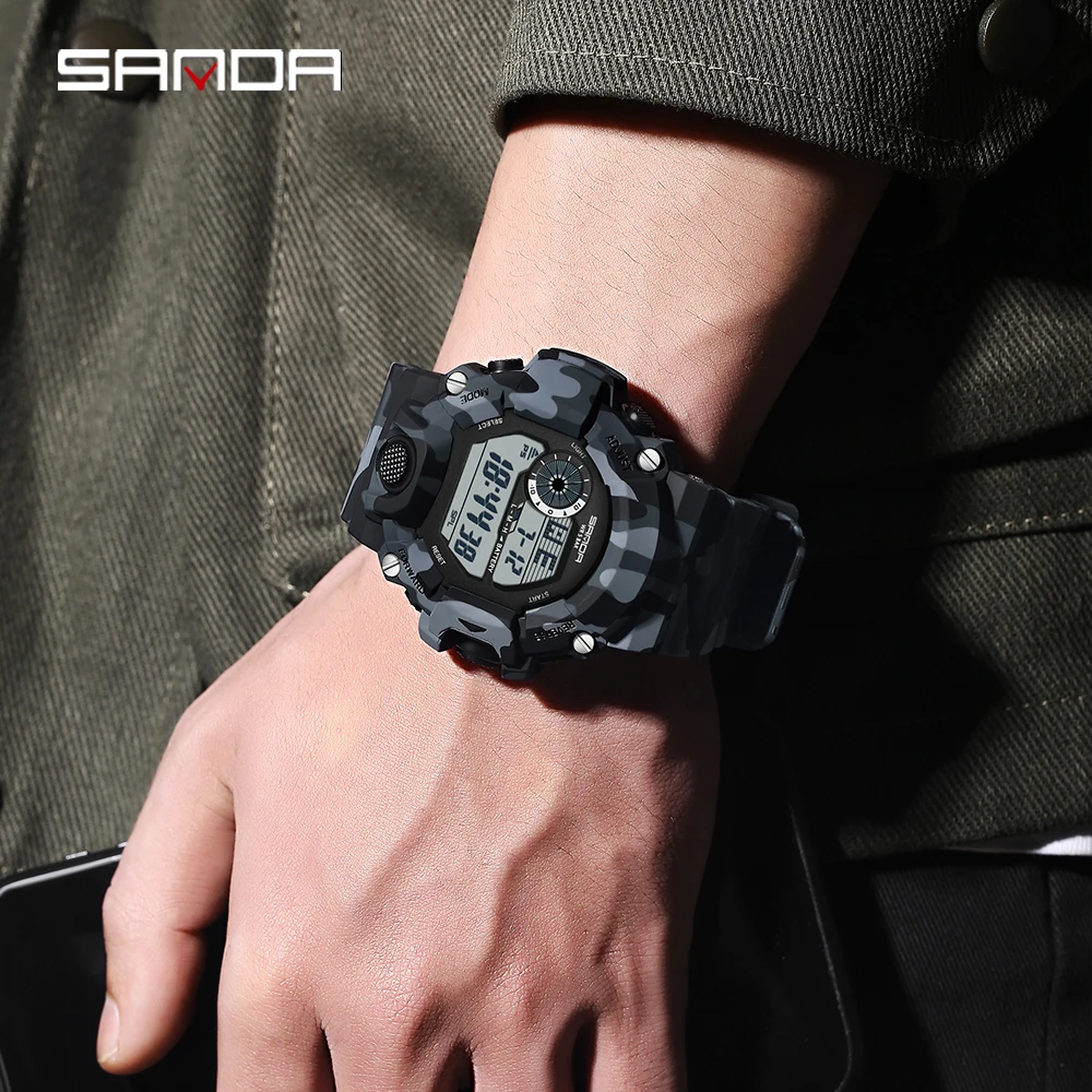 SANDA 2183 Мужские электронные часы Спортивные многофункциональные водонепроницаемые светодиодные мужские электронные цифровые часы с двойным дисплеем 2025