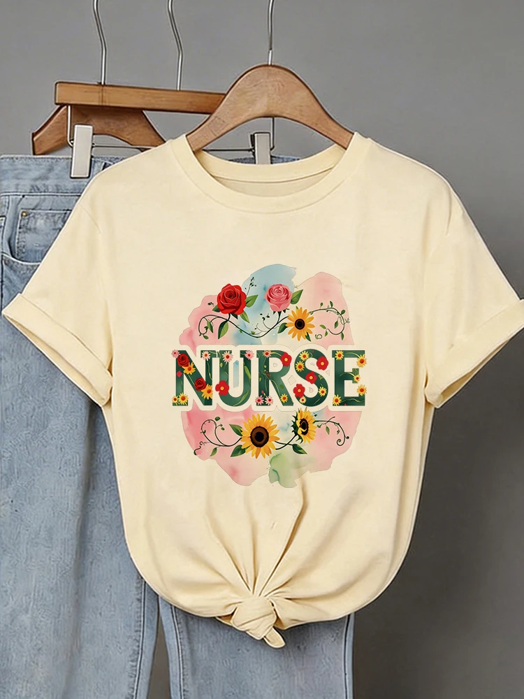 Nurse Element Print T-shirt with Flower Design 90s Short Sleeve Casual Tops Women's Graphic T Shirt Outfit Y2k Tshirtt Clothes