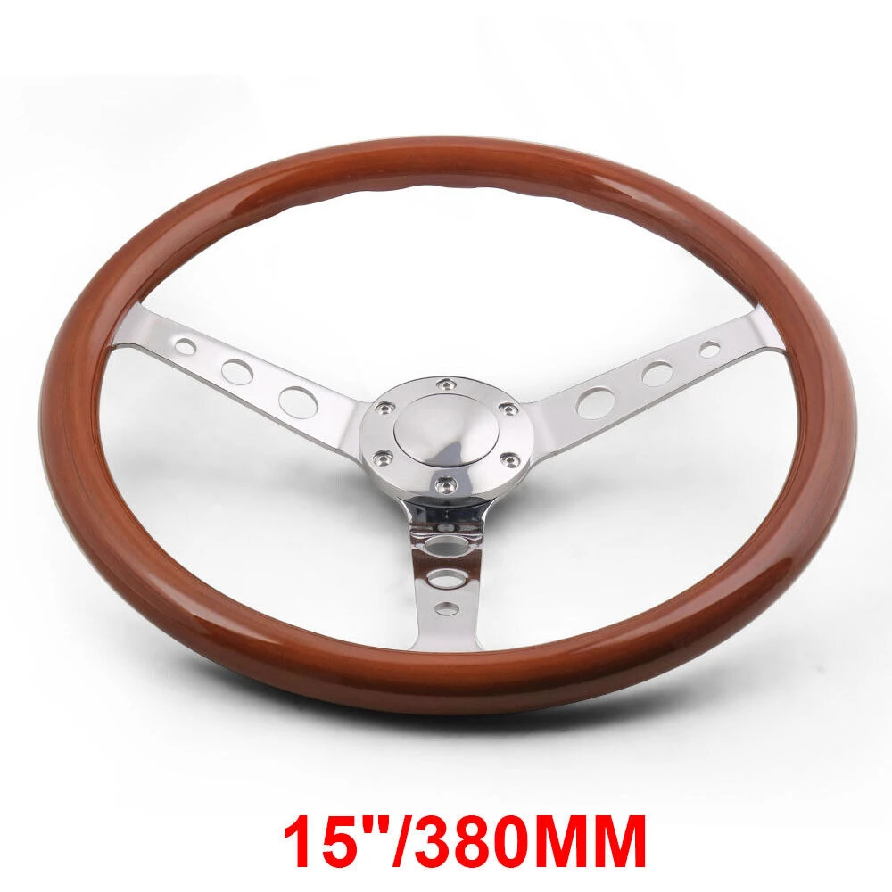 

Universal 380mm 15 inch Classic Real Wood Steering Wheel with Rivet Black Wooden Car Steering Wheel with Chrome Silver Spoke