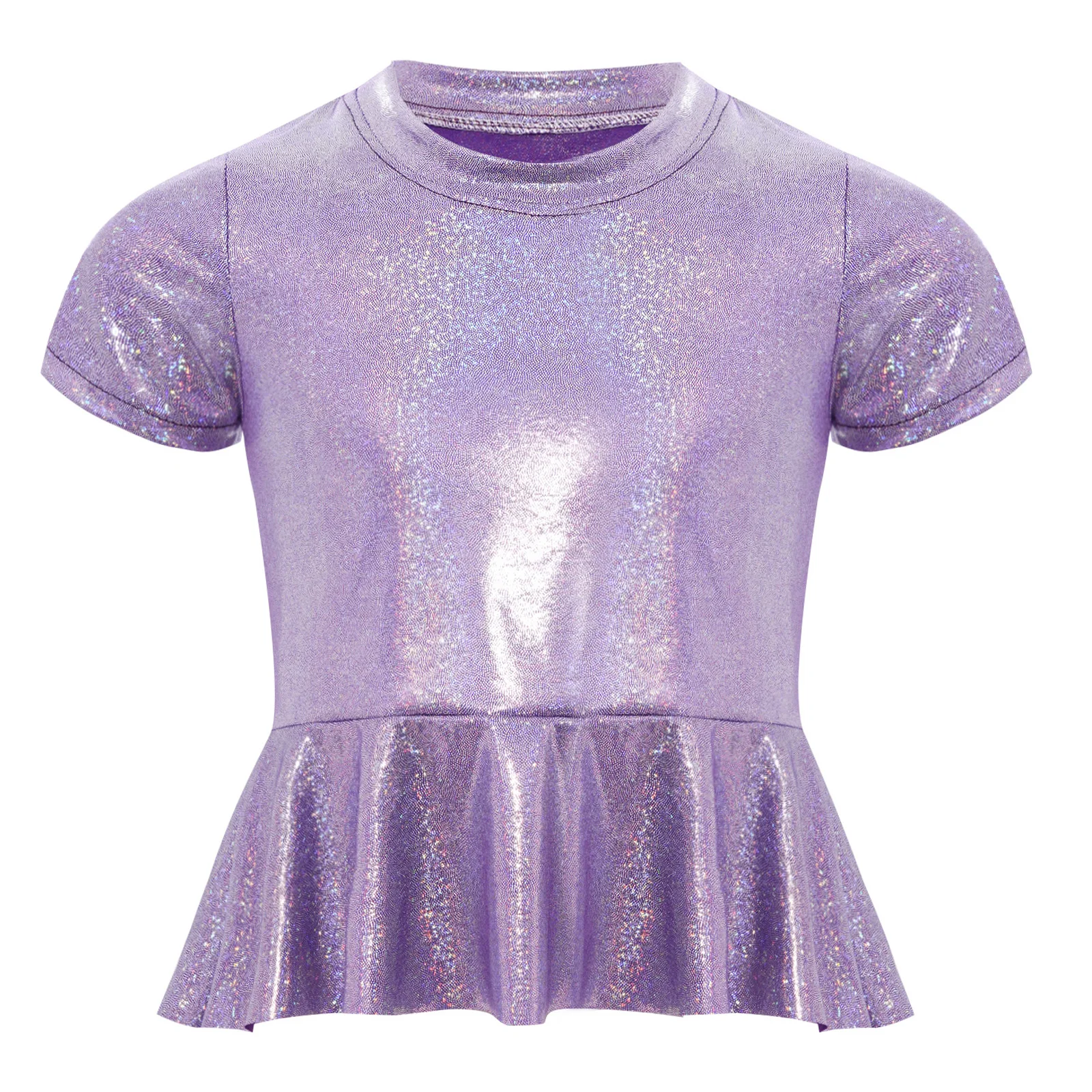 

Kids Girls Shiny Metallic Peplum Tees Top Round Neck Short Sleeves T-shirt for Cheerleading Jazz Dance Performance Party Costume