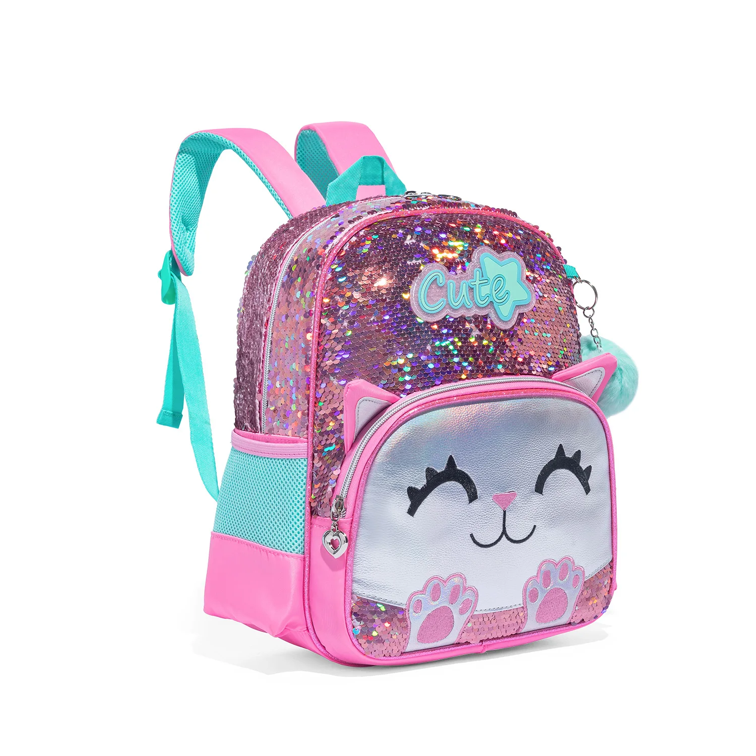 3PCS Cute Cat Backpack for Girls PU Leather Bookbag for Elementary School with Lunch Bag And PenBag